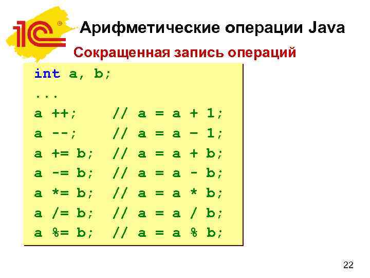 Арифметические операции Java Сокращенная запись операций int a, b; . . . a ++;