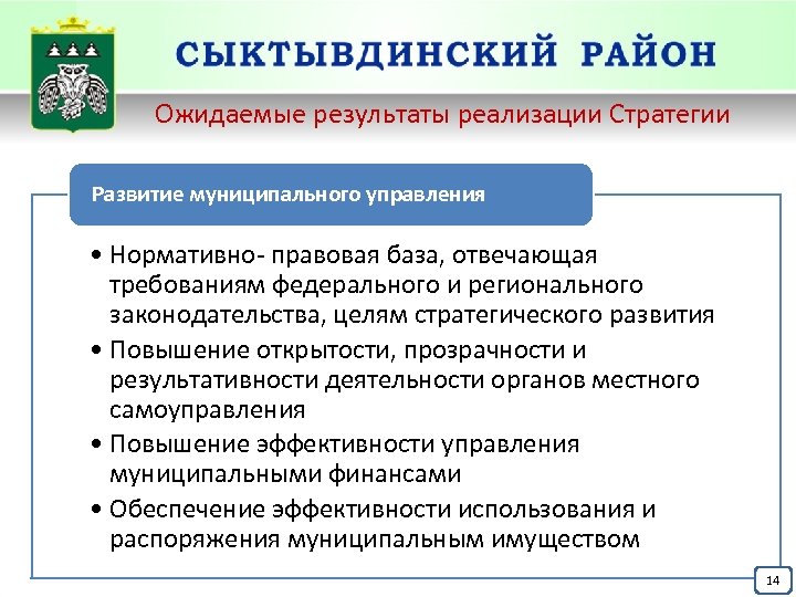 Ожидаемые результаты реализации Стратегии Развитие муниципального управления • Нормативно- правовая база, отвечающая требованиям федерального