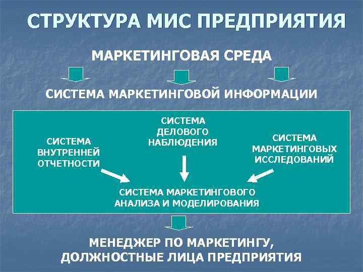 СТРУКТУРА МИС ПРЕДПРИЯТИЯ МАРКЕТИНГОВАЯ СРЕДА СИСТЕМА МАРКЕТИНГОВОЙ ИНФОРМАЦИИ СИСТЕМА ВНУТРЕННЕЙ ОТЧЕТНОСТИ СИСТЕМА ДЕЛОВОГО НАБЛЮДЕНИЯ