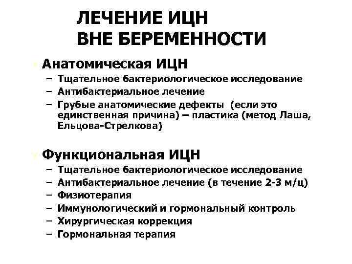 ЛЕЧЕНИЕ ИЦН ВНЕ БЕРЕМЕННОСТИ Ú Анатомическая ИЦН – Тщательное бактериологическое исследование – Антибактериальное лечение