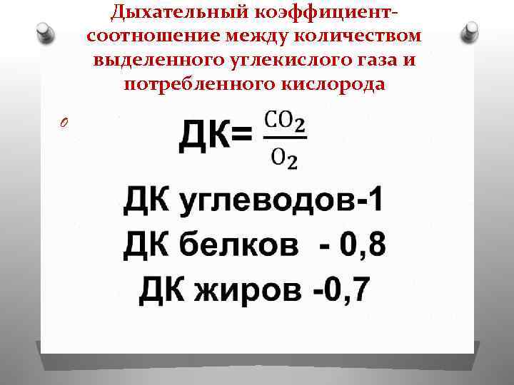 Дыхательный коэффициентсоотношение между количеством выделенного углекислого газа и потребленного кислорода O 