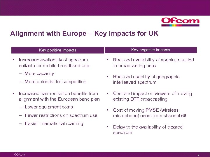 Alignment with Europe – Key impacts for UK Key positive impacts • Increased availability