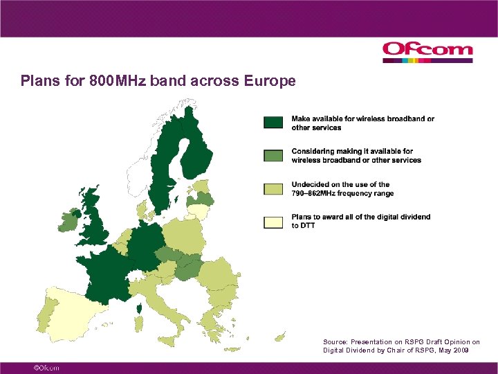 Plans for 800 MHz band across Europe Source: Presentation on RSPG Draft Opinion on