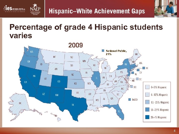 Percentage of grade 4 Hispanic students varies 4 National Public, 21% 4 