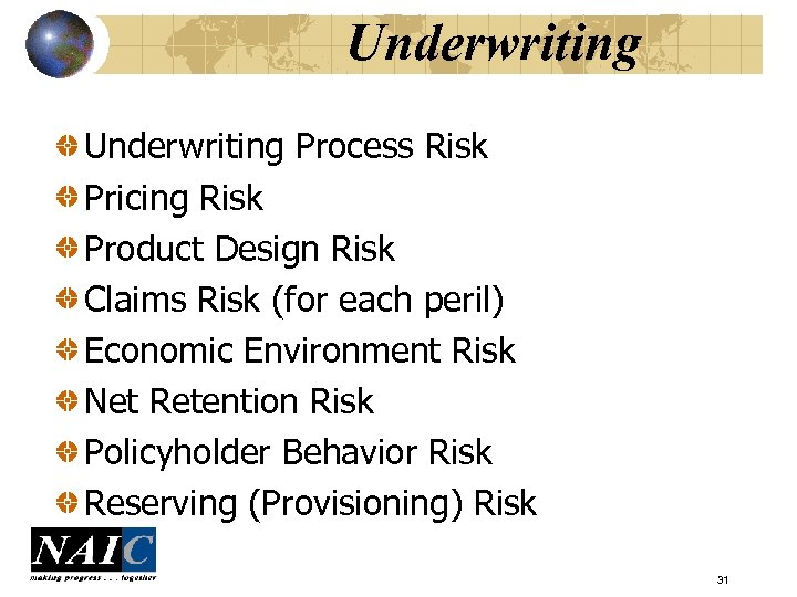 Underwriting Process Risk Pricing Risk Product Design Risk Claims Risk (for each peril) Economic