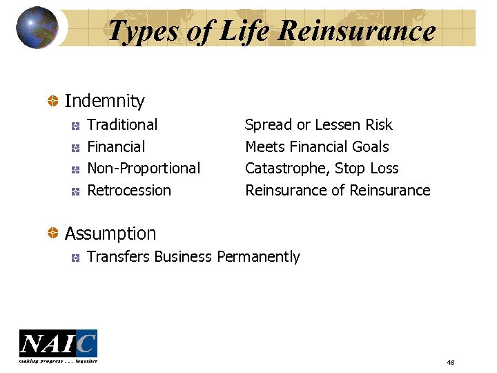 Types of Life Reinsurance Indemnity Traditional Financial Non-Proportional Retrocession Spread or Lessen Risk Meets