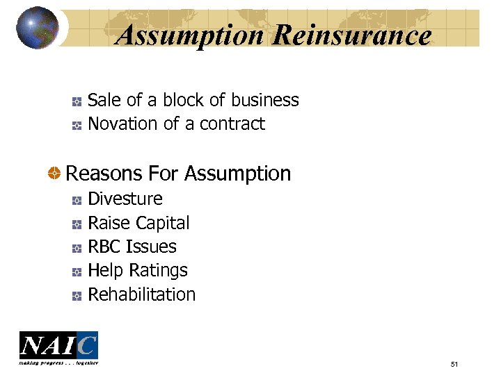 Assumption Reinsurance Sale of a block of business Novation of a contract Reasons For