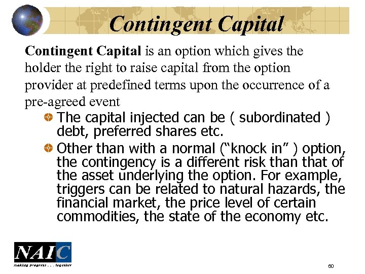 Contingent Capital is an option which gives the holder the right to raise capital