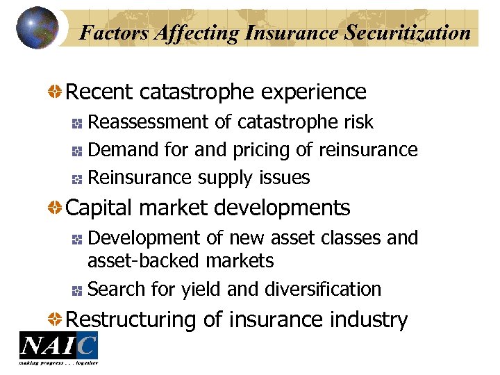 Factors Affecting Insurance Securitization Recent catastrophe experience Reassessment of catastrophe risk Demand for and