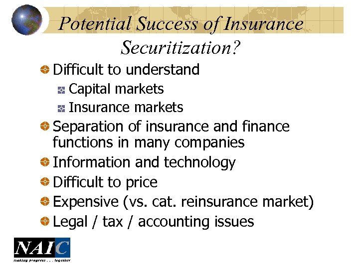 Potential Success of Insurance Securitization? Difficult to understand Capital markets Insurance markets Separation of