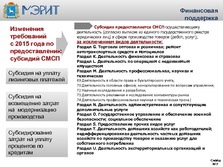 Финансовая поддержка Изменения требований с 2015 года по предоставлению субсидий СМСП Субсидия на уплату