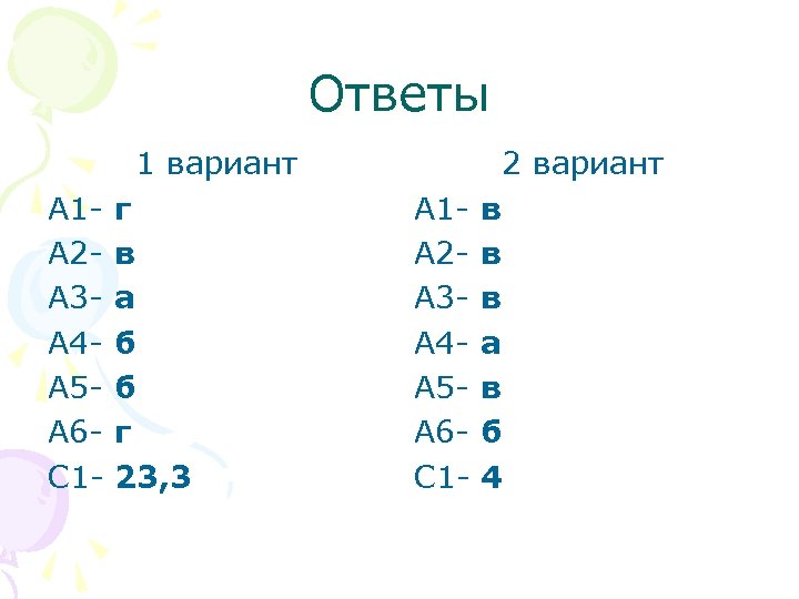 Ответы 1 вариант А 1 А 2 А 3 А 4 А 5 А