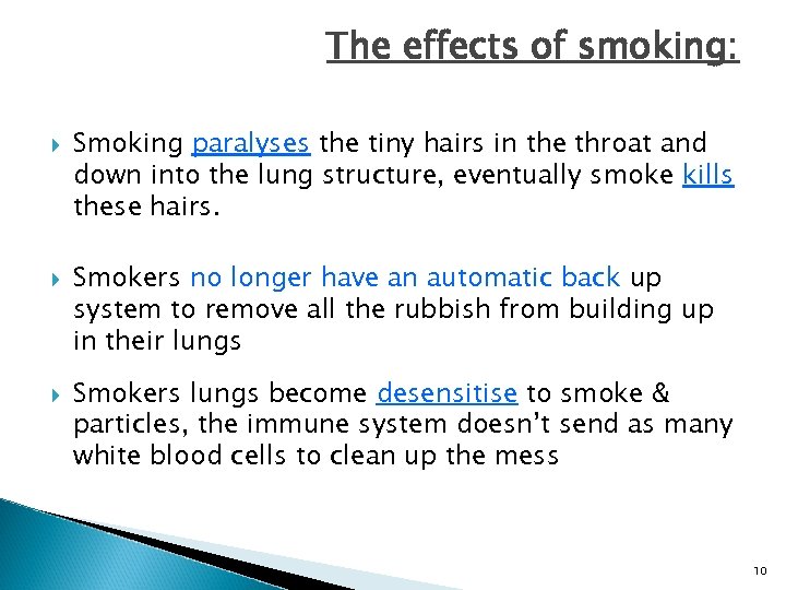 The effects of smoking: Smoking paralyses the tiny hairs in the throat and down