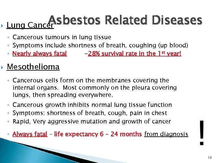  Asbestos Lung Cancer Related Diseases ◦ Cancerous tumours in lung tissue ◦ Symptoms