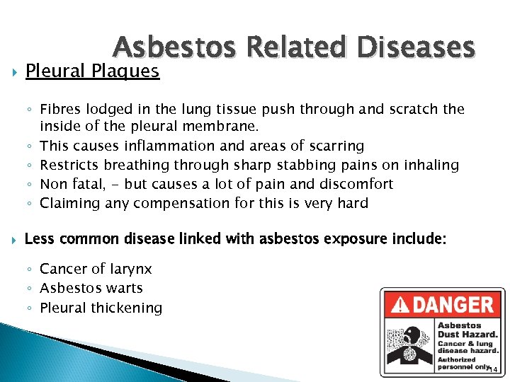  Asbestos Related Diseases Pleural Plaques ◦ Fibres lodged in the lung tissue push