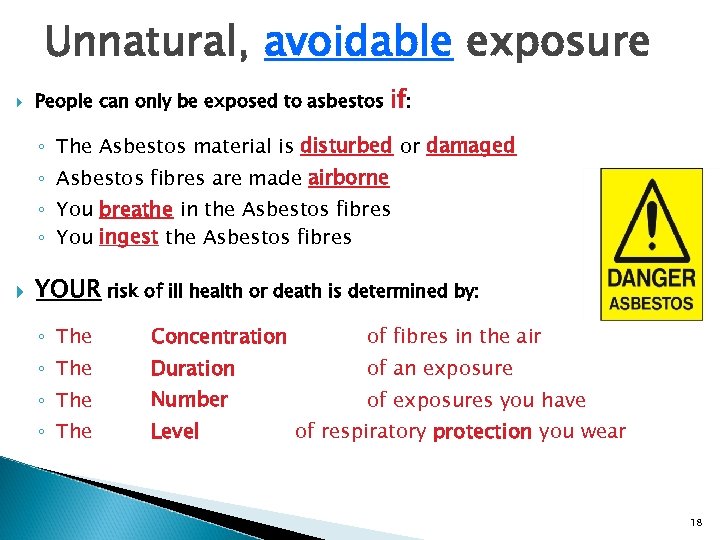 Unnatural, avoidable exposure People can only be exposed to asbestos if: ◦ The Asbestos