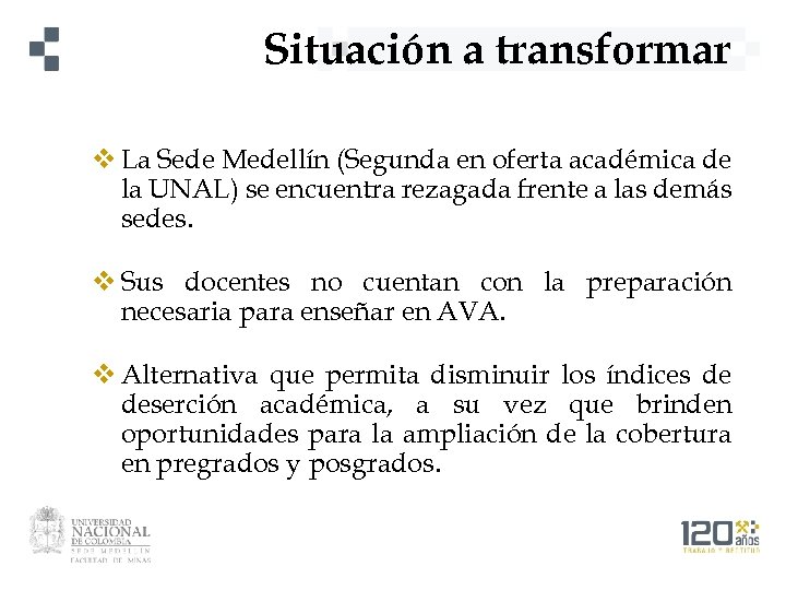 Situación a transformar v La Sede Medellín (Segunda en oferta académica de la UNAL)