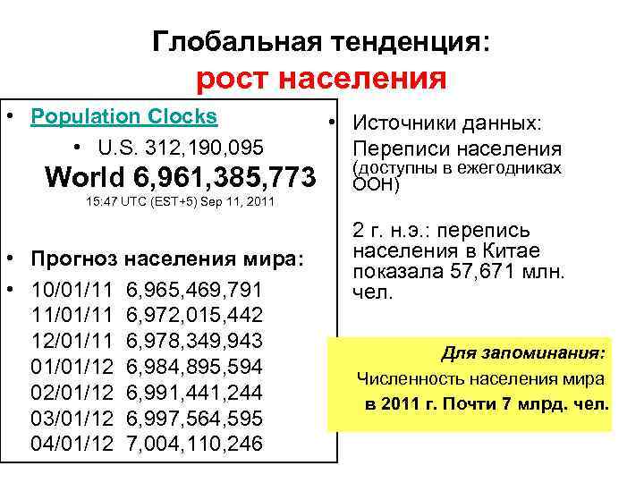 Глобальная тенденция: рост населения • Population Clocks • U. S. 312, 190, 095 World