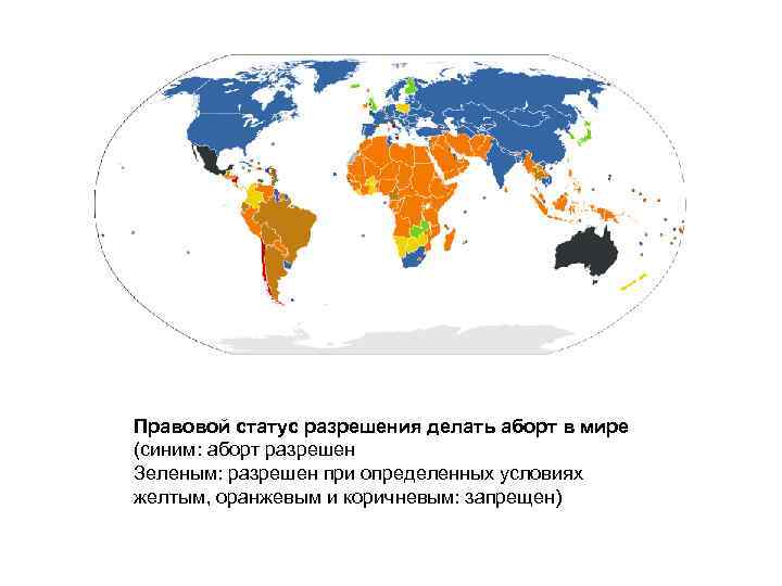 Правовой статус разрешения делать аборт в мире (синим: аборт разрешен Зеленым: разрешен при определенных