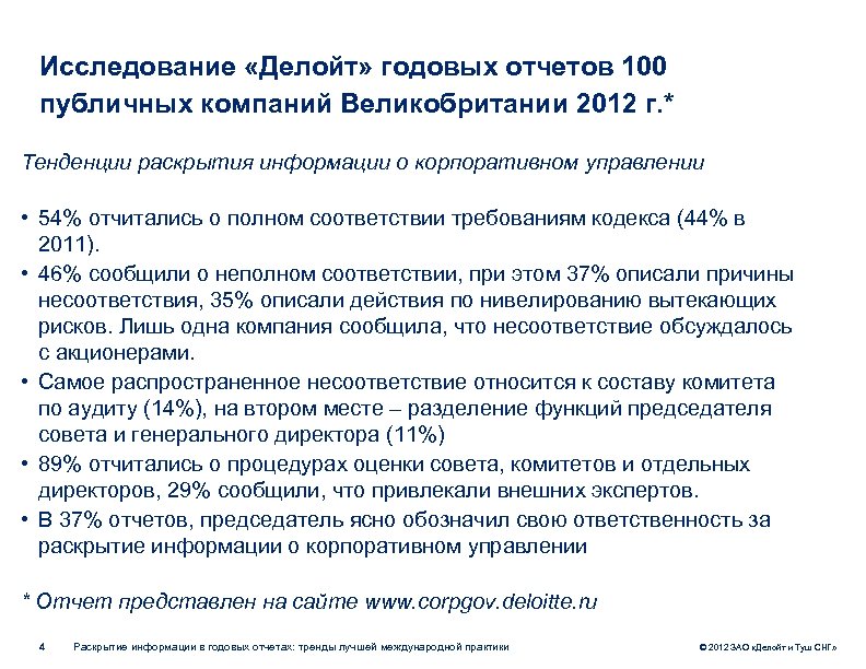 Исследование «Делойт» годовых отчетов 100 публичных компаний Великобритании 2012 г. * Тенденции раскрытия информации