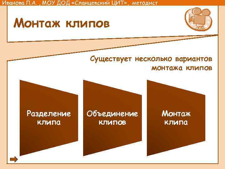 Иванова Л. А. , МОУ ДОД «Сланцевский ЦИТ» , методист Монтаж клипов Существует несколько
