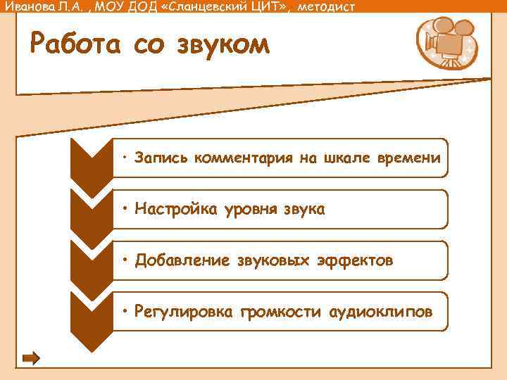 Иванова Л. А. , МОУ ДОД «Сланцевский ЦИТ» , методист Работа со звуком •