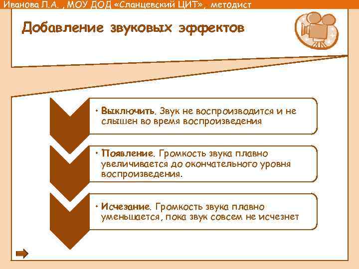 Иванова Л. А. , МОУ ДОД «Сланцевский ЦИТ» , методист Добавление звуковых эффектов •