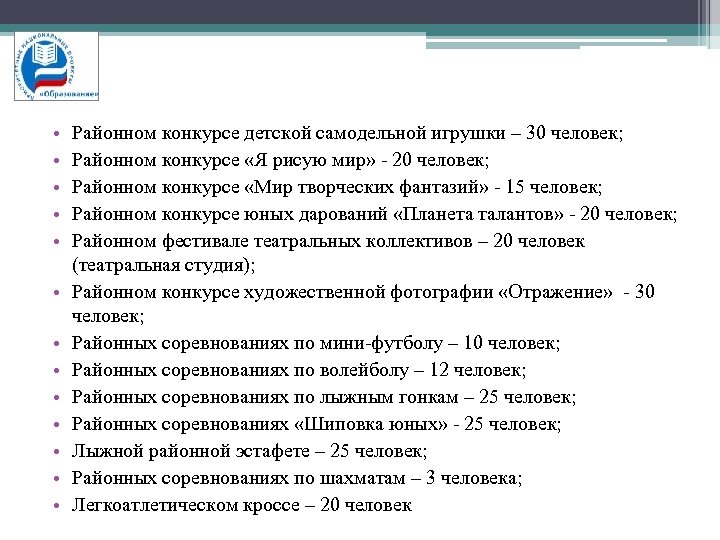  • • • • Районном конкурсе детской самодельной игрушки – 30 человек; Районном