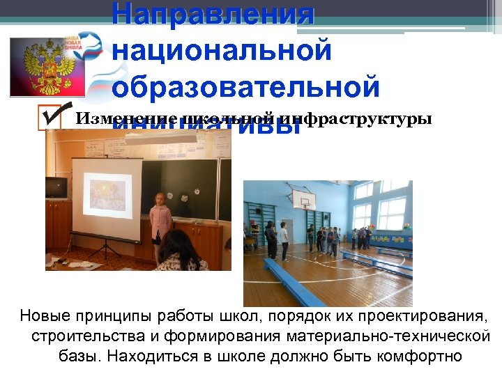 Направления национальной образовательной Изменение школьной инфраструктуры инициативы Новые принципы работы школ, порядок их проектирования,