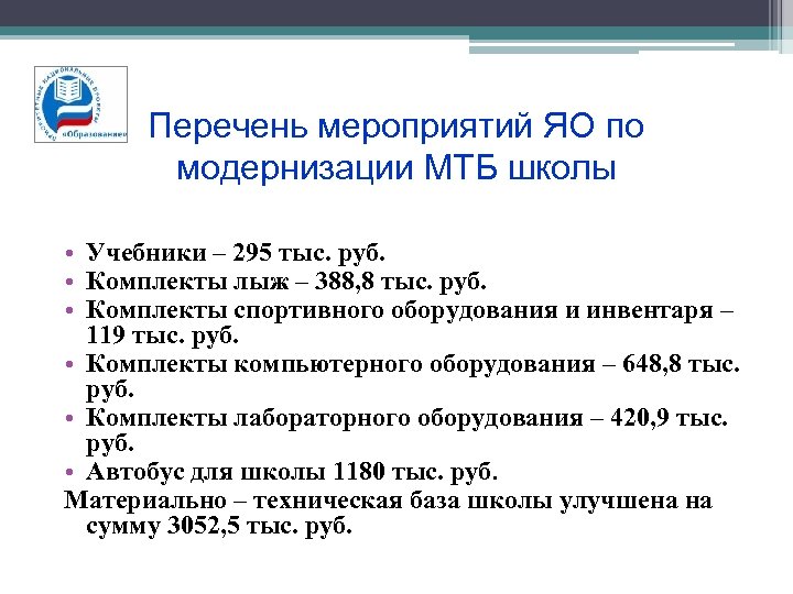 Перечень мероприятий ЯО по модернизации МТБ школы • Учебники – 295 тыс. руб. •