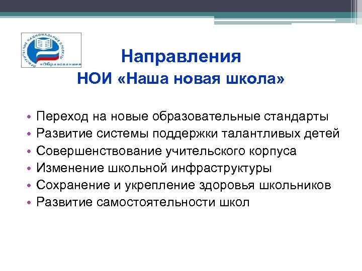 Направления НОИ «Наша новая школа» • • • Переход на новые образовательные стандарты Развитие