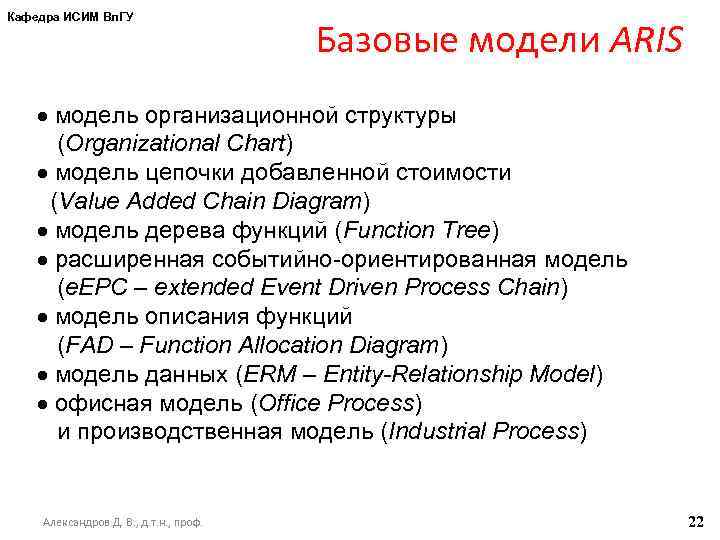 Кафедра ИСИМ Вл. ГУ Базовые модели ARIS модель организационной структуры (Organizational Chart) модель цепочки