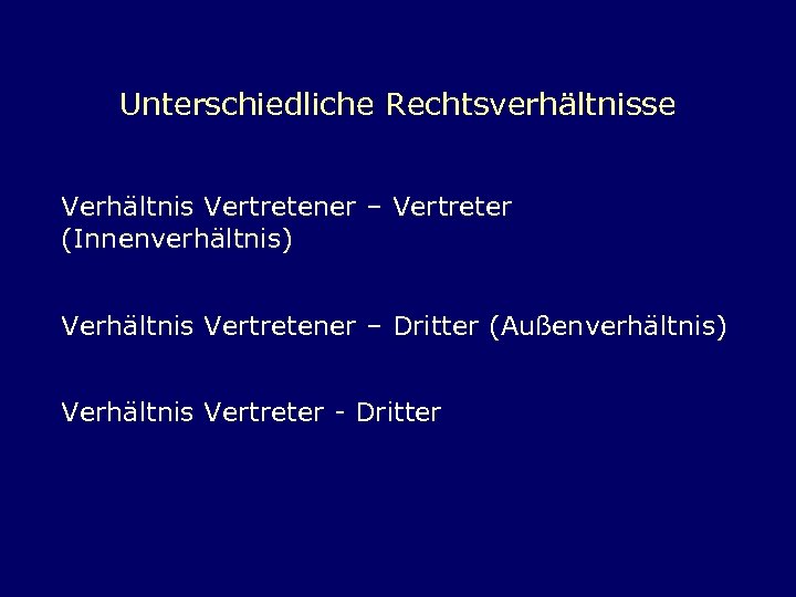 Unterschiedliche Rechtsverhältnisse Verhältnis Vertretener – Vertreter (Innenverhältnis) Verhältnis Vertretener – Dritter (Außenverhältnis) Verhältnis Vertreter