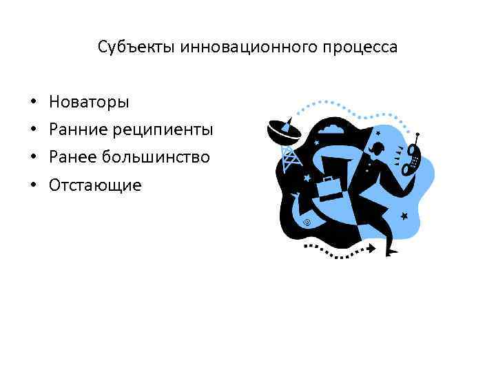 Субъекты инновационного процесса • • Новаторы Ранние реципиенты Ранее большинство Отстающие 