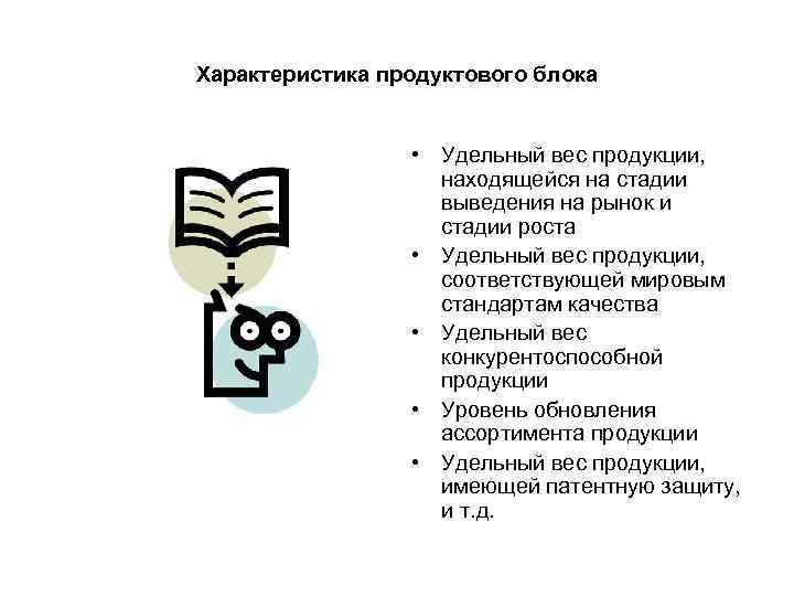 Характеристика продуктового блока • Удельный вес продукции, находящейся на стадии выведения на рынок и