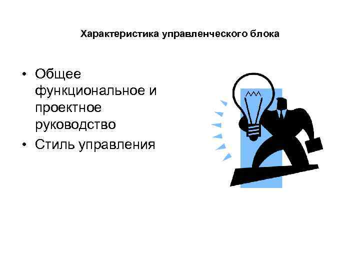 Характеристика управленческого блока • Общее функциональное и проектное руководство • Стиль управления 