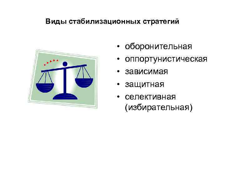 Виды стабилизационных стратегий • • • оборонительная оппортунистическая зависимая защитная селективная (избирательная) 