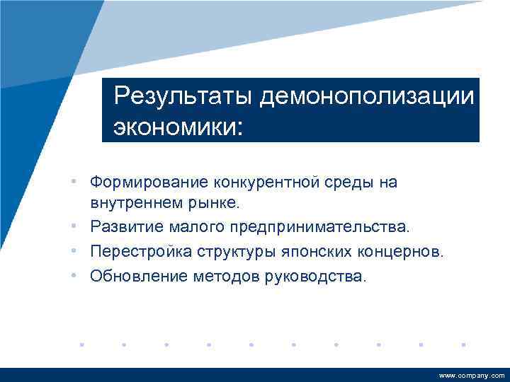 Результаты демонополизации экономики: • Формирование конкурентной среды на внутреннем рынке. • Развитие малого предпринимательства.