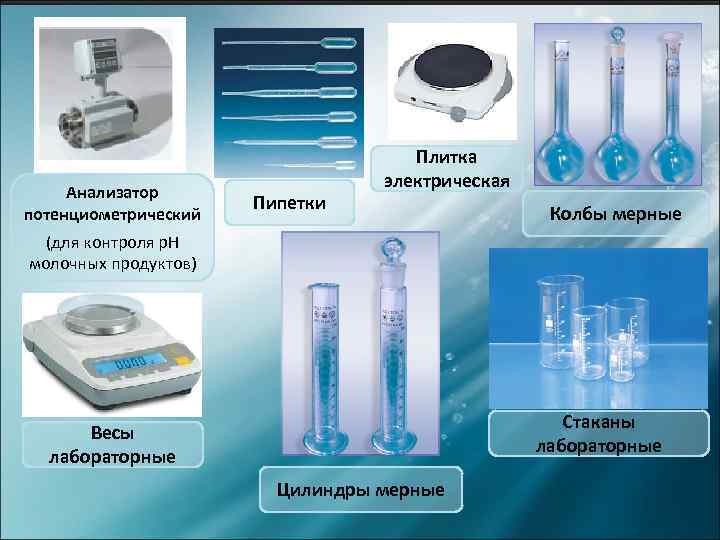 Анализатор потенциометрический Пипетки Плитка электрическая Колбы мерные (для контроля p. H молочных продуктов) Стаканы