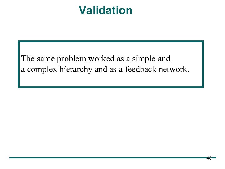 Validation The same problem worked as a simple and a complex hierarchy and as