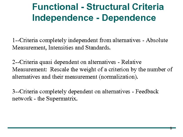 Functional - Structural Criteria Independence - Dependence 1 --Criteria completely independent from alternatives -