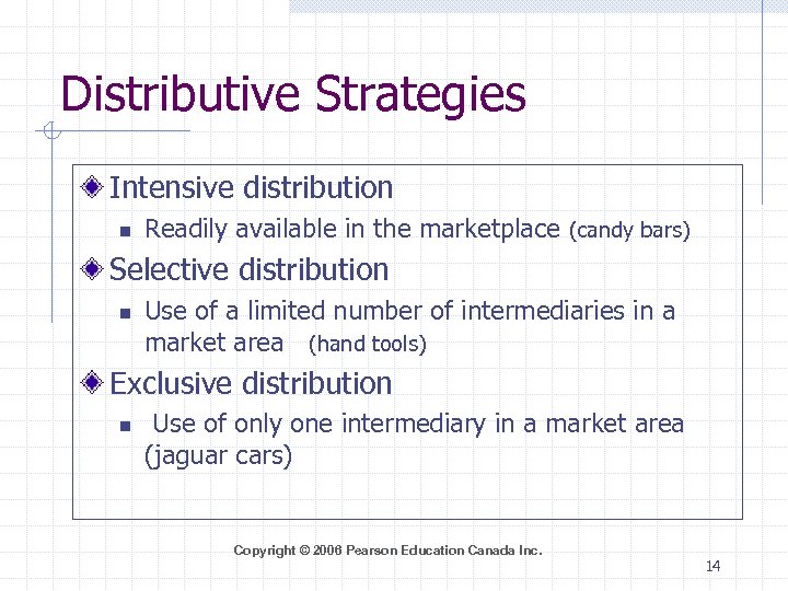 Distributive Strategies Intensive distribution n Readily available in the marketplace (candy bars) Selective distribution