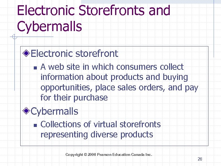 Electronic Storefronts and Cybermalls Electronic storefront n A web site in which consumers collect