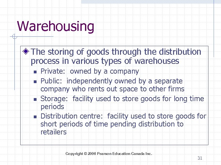 Warehousing The storing of goods through the distribution process in various types of warehouses