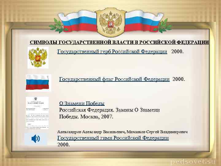 СИМВОЛЫ ГОСУДАРСТВЕННОЙ ВЛАСТИ В РОССИЙСКОЙ ФЕДЕРАЦИИ Государственный герб Российской Федерации 2000. Государственный флаг Российской