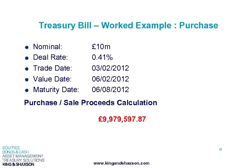 Treasury Bill – Worked Example : Purchase Nominal: Deal Rate: Trade Date: Value Date: