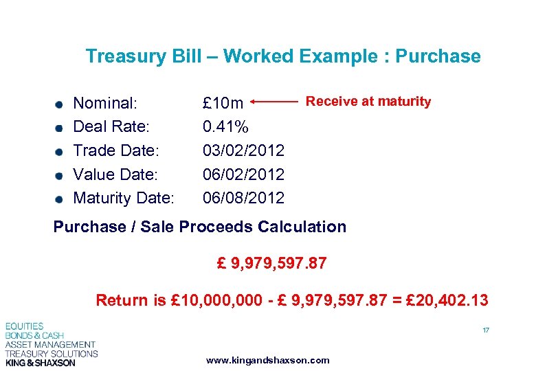 Treasury Bill – Worked Example : Purchase Nominal: Deal Rate: Trade Date: Value Date: