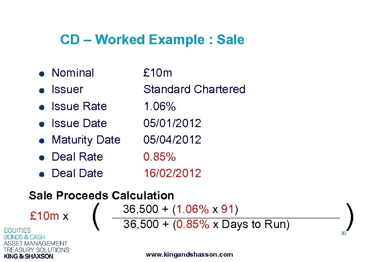 CD – Worked Example : Sale Nominal Issuer Issue Rate Issue Date Maturity Date
