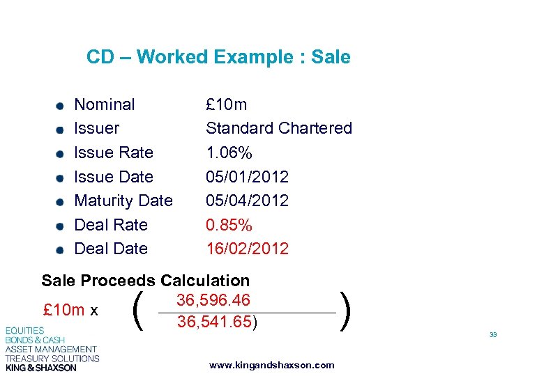 CD – Worked Example : Sale Nominal Issuer Issue Rate Issue Date Maturity Date