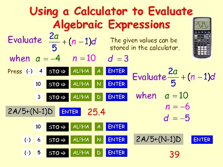 Using a Calculator to Evaluate Algebraic Expressions Evaluate The given values can be stored